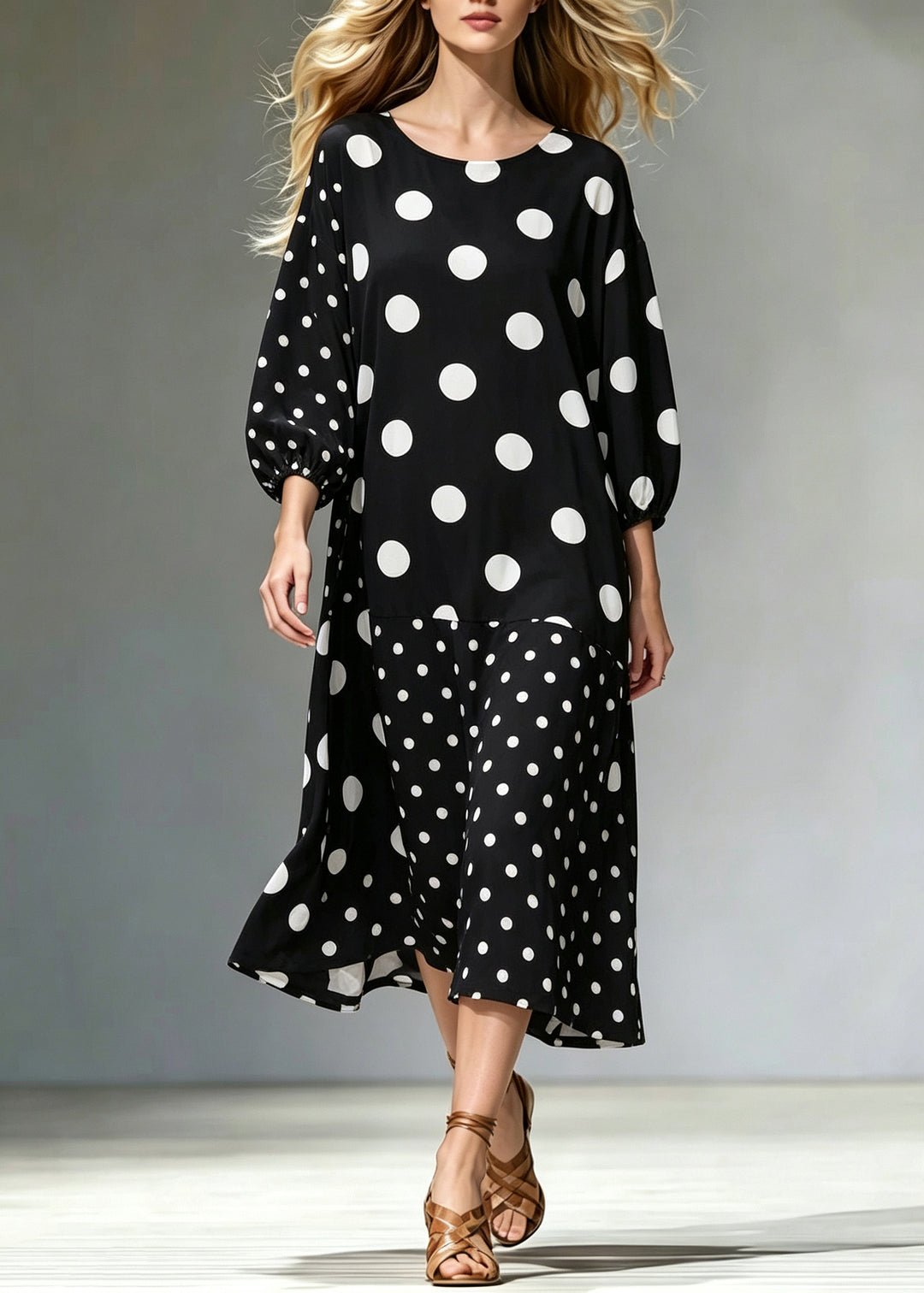 Stylish Black Oversized Print Maxi Dress Bracelet Sleeve