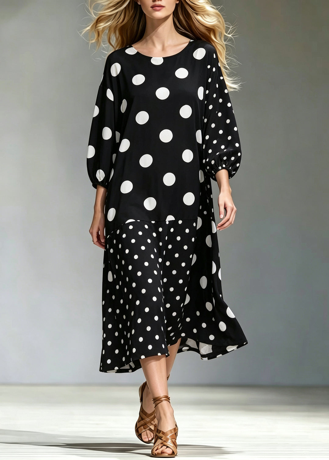 Stylish Black Oversized Print Maxi Dress Bracelet Sleeve
