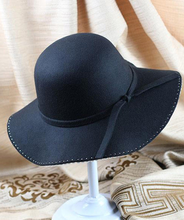 Stylish Black Pearl Bow Woolen Bucket Hat