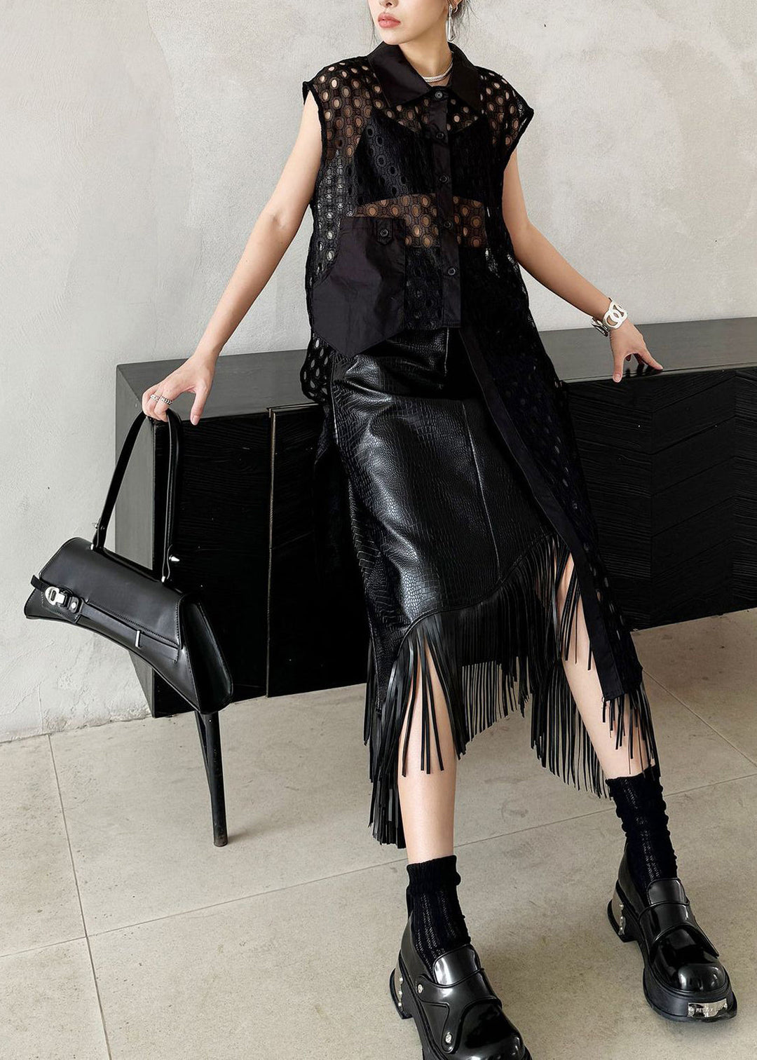 Stylish Black Peter Pan Collar Asymmetrical Hollow Out Cotton Shirts Summer