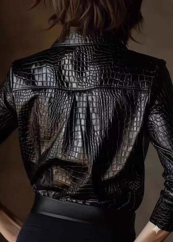 Stylish Black Peter Pan Collar Button Faux Leather Shirts Spring