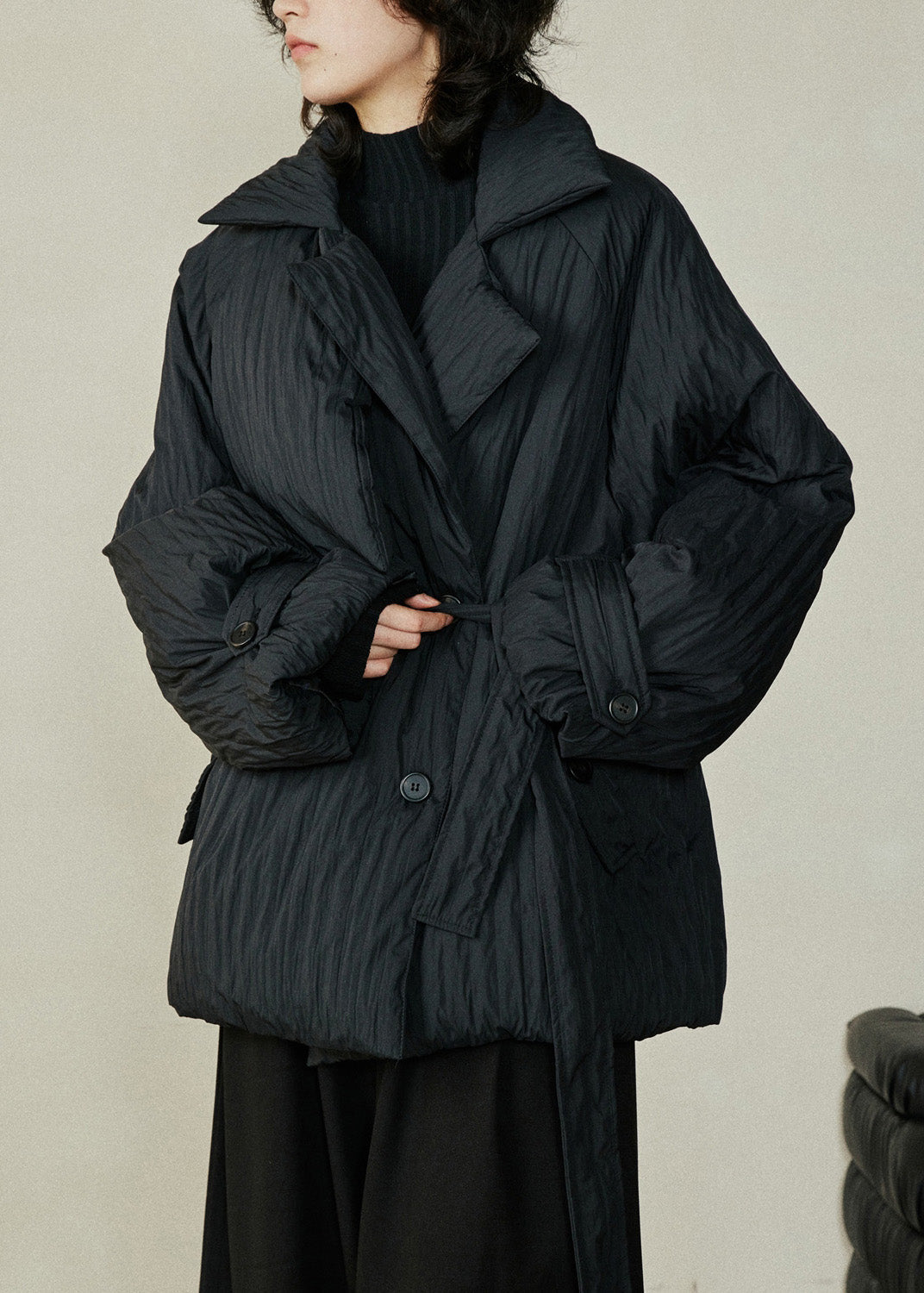 Stylish Black Peter Pan Collar Pockets Tie Waist Parka Winter