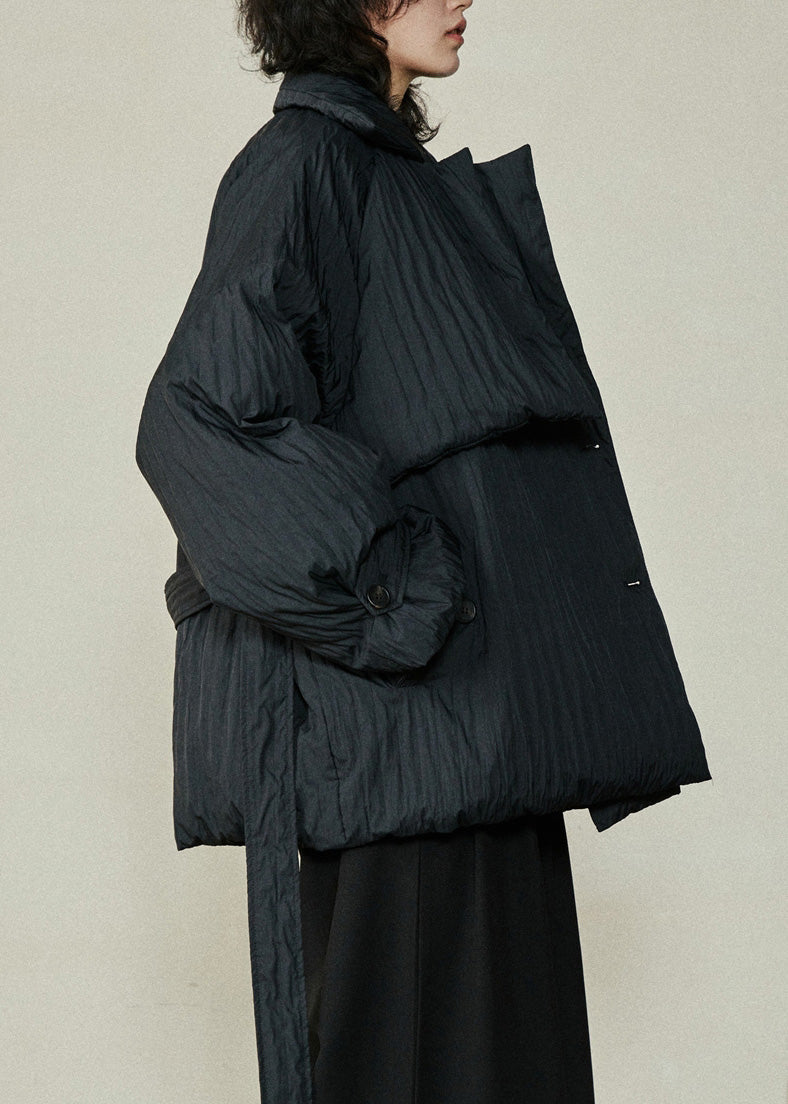 Stylish Black Peter Pan Collar Pockets Tie Waist Parka Winter