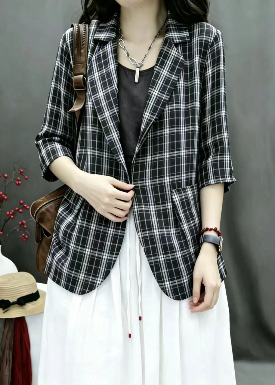 Stylish Black Plaid Notched Thin Jackets Bracelet Sleeve