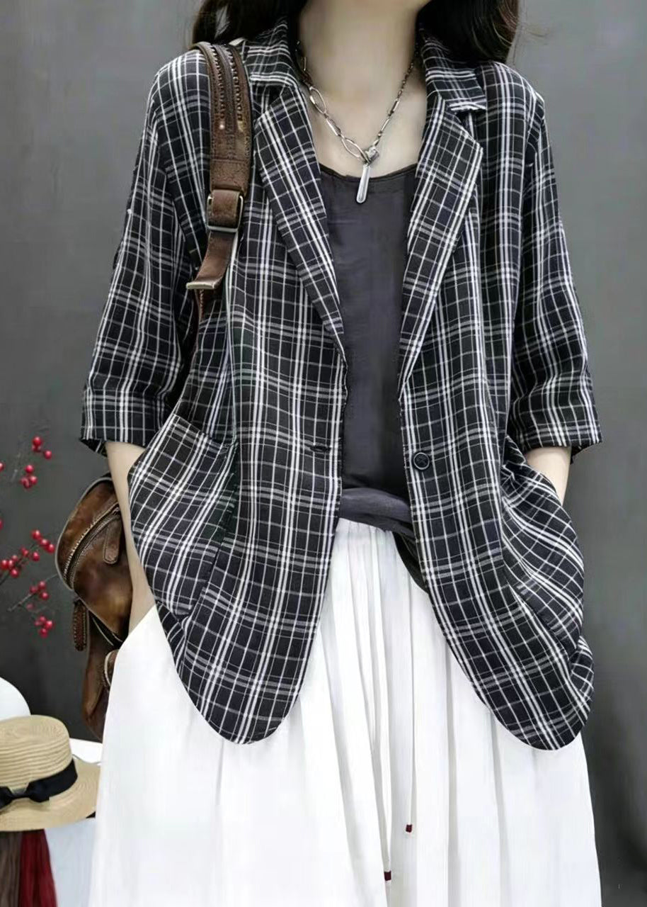 Stylish Black Plaid Notched Thin Jackets Bracelet Sleeve
