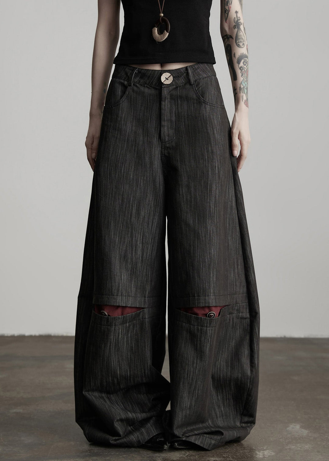 Stylish Black Pockets High Waist Cotton Wide Leg Pants Fall