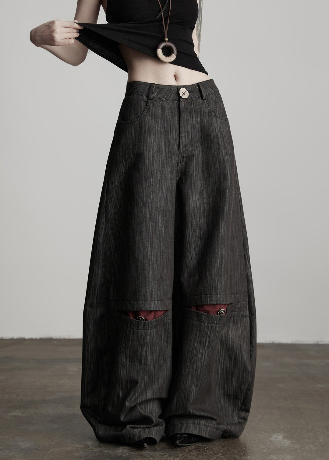 Stylish Black Pockets High Waist Cotton Wide Leg Pants Fall