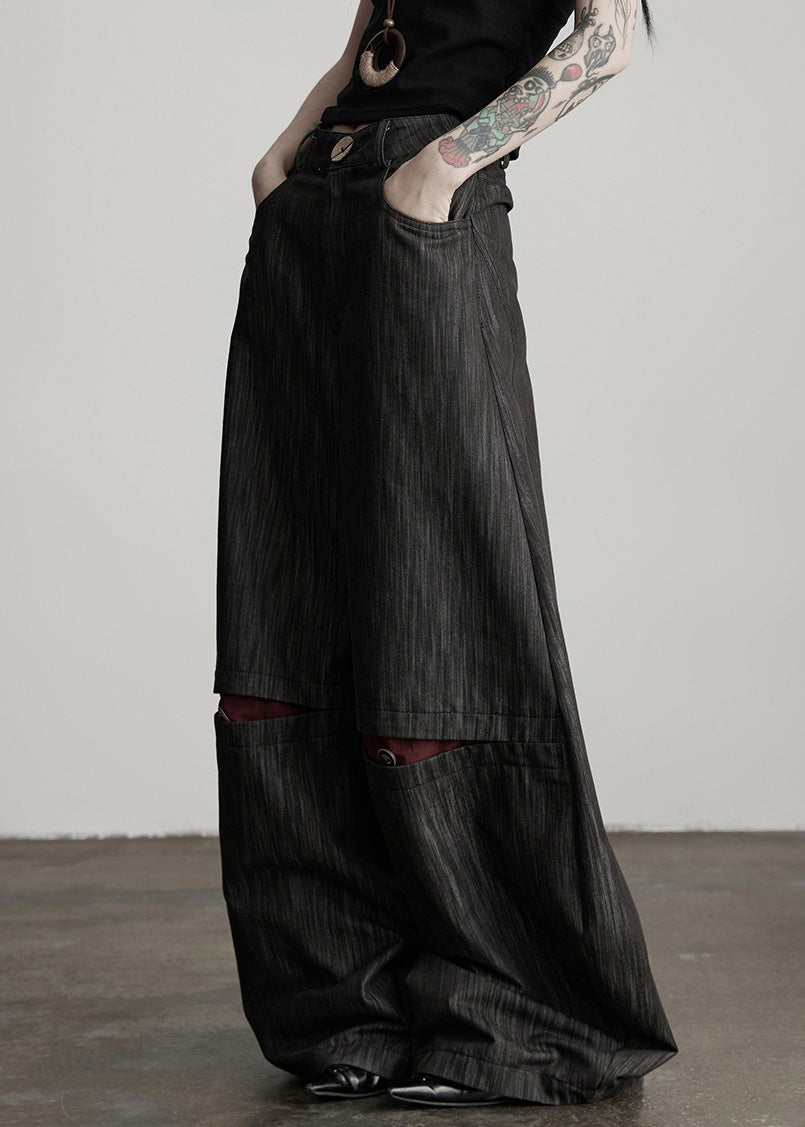 Stylish Black Pockets High Waist Cotton Wide Leg Pants Fall