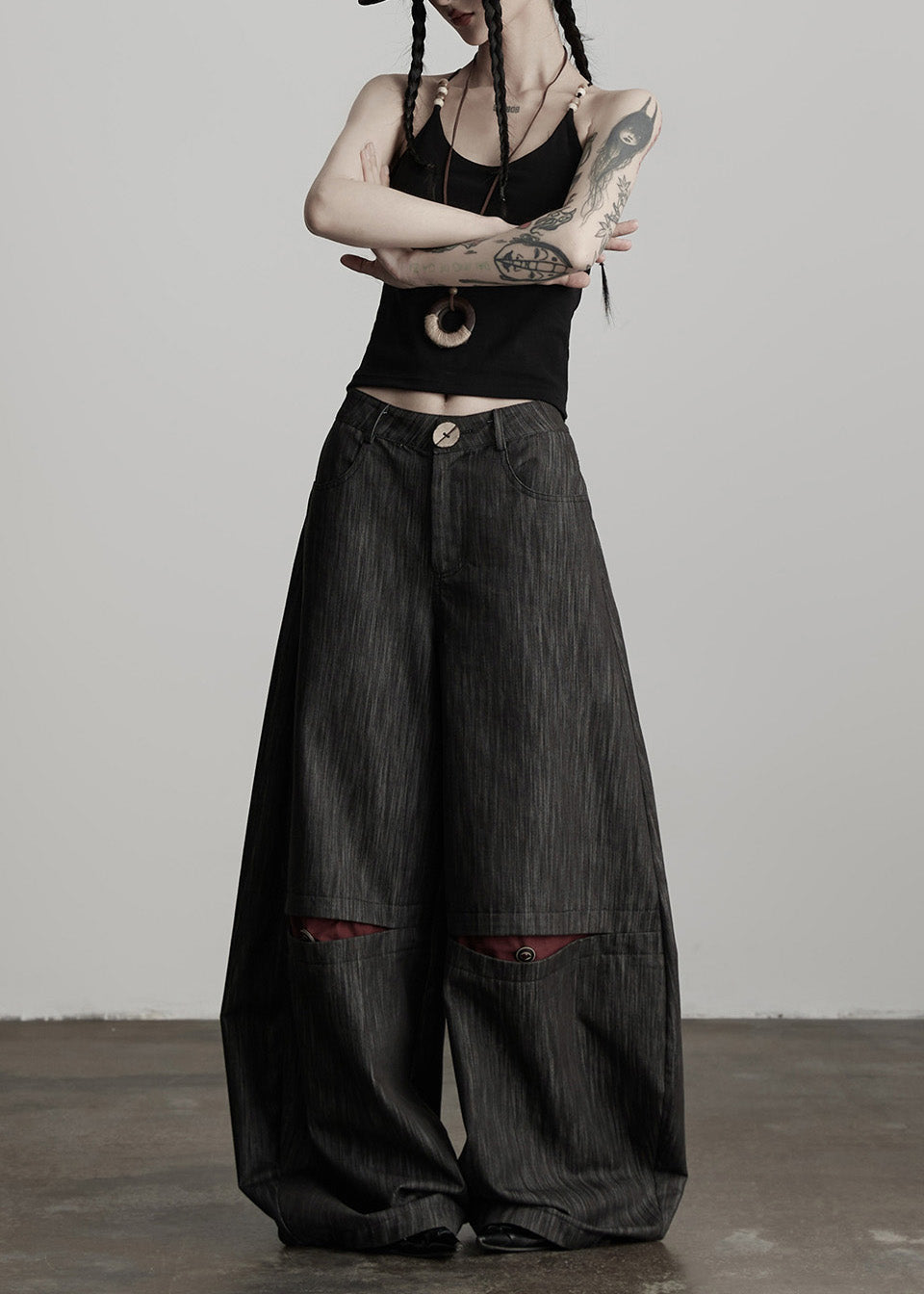 Stylish Black Pockets High Waist Cotton Wide Leg Pants Fall