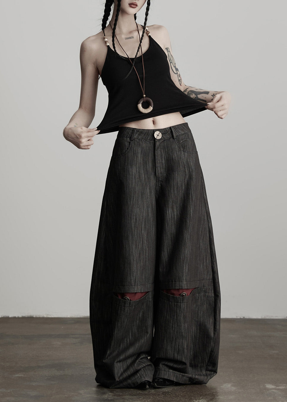 Stylish Black Pockets High Waist Cotton Wide Leg Pants Fall