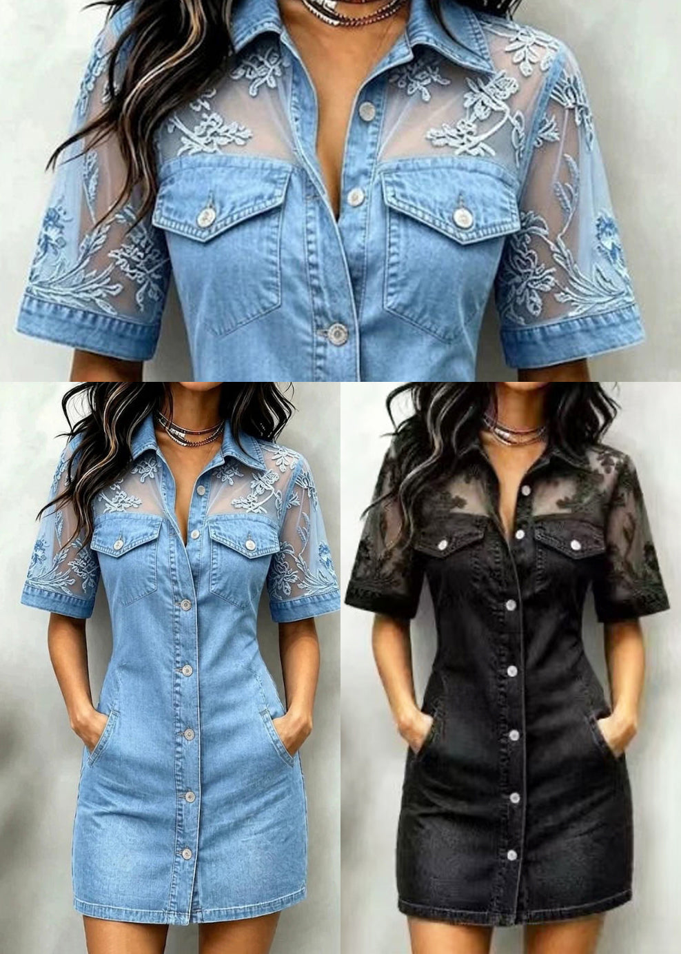 Stylish Black Pockets Patchwork Lace Mini Dress Summer