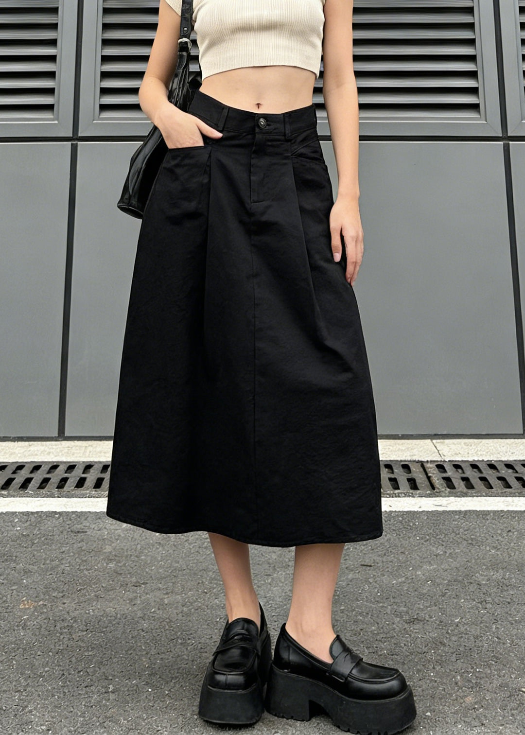 Stylish Black Pockets Wrinkled Denim Skirt Spring - Omychic