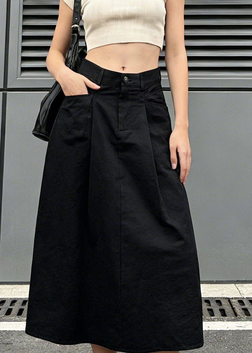 Stylish Black Pockets Wrinkled Denim Skirt Spring - Omychic