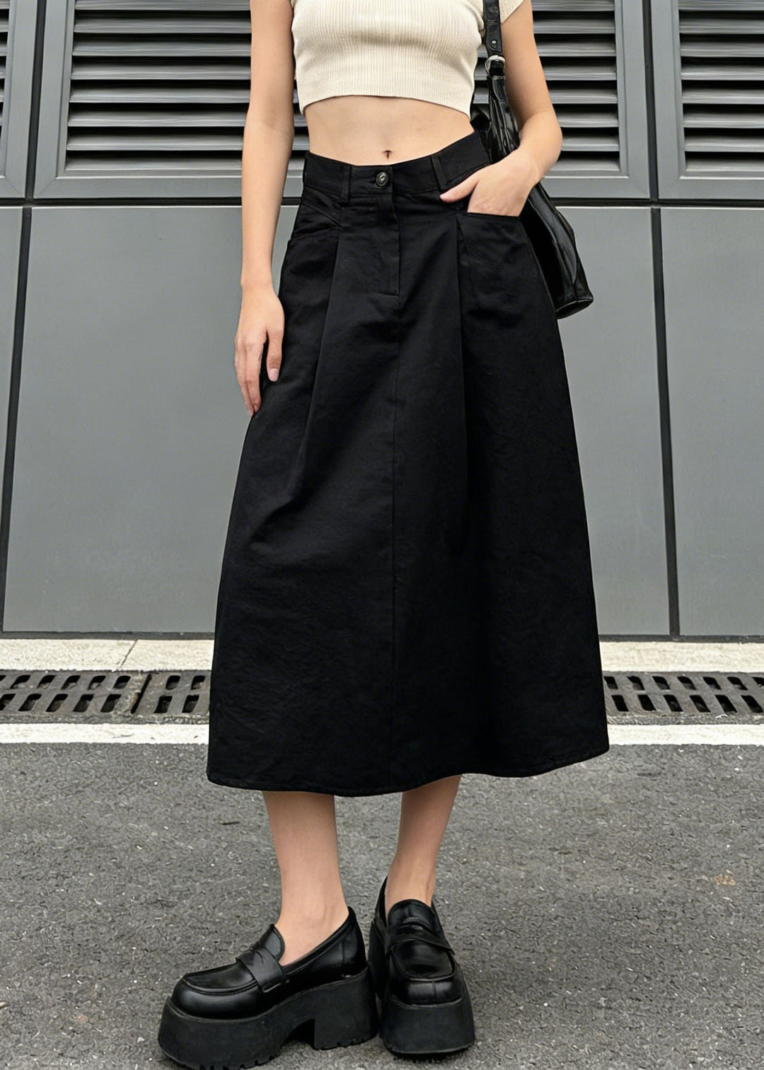 Stylish Black Pockets Wrinkled Denim Skirt Spring - Omychic