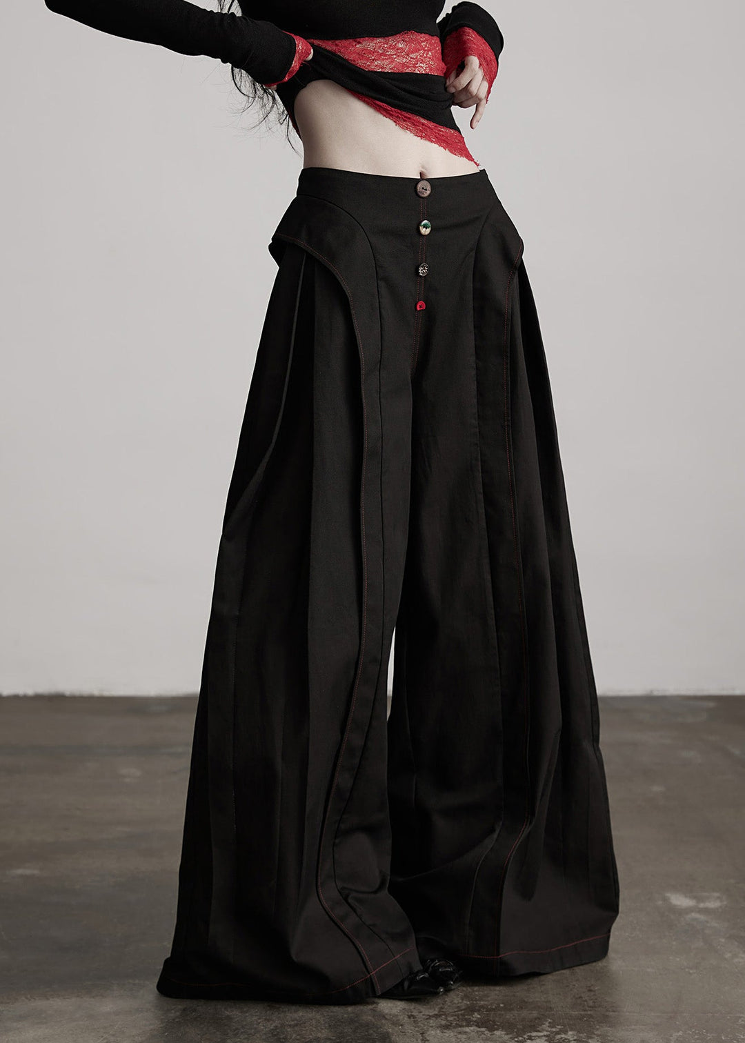 Stylish Black Pockets Wrinkled Patchwork Cotton Wide Leg Pants Fall
