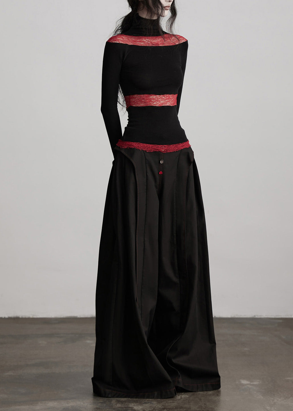 Stylish Black Pockets Wrinkled Patchwork Cotton Wide Leg Pants Fall