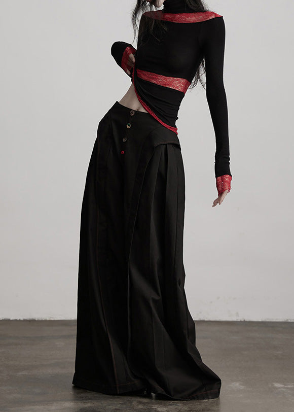 Stylish Black Pockets Wrinkled Patchwork Cotton Wide Leg Pants Fall