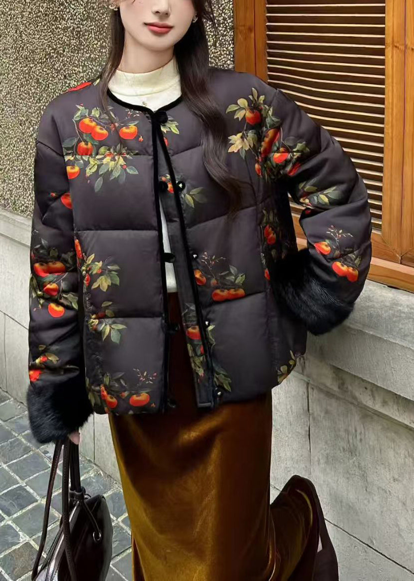 Stylish Black Print Patchwork Mink Hair Duck Down Jacket Winter