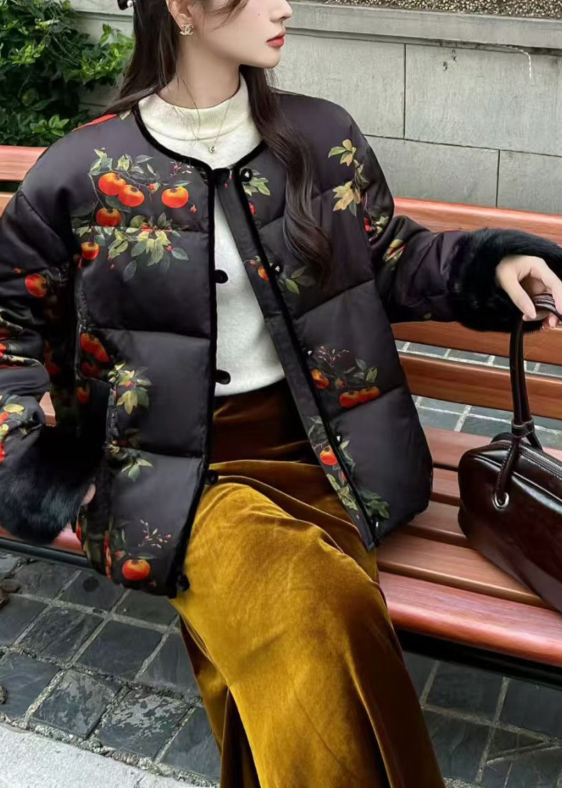 Stylish Black Print Patchwork Mink Hair Duck Down Jacket Winter