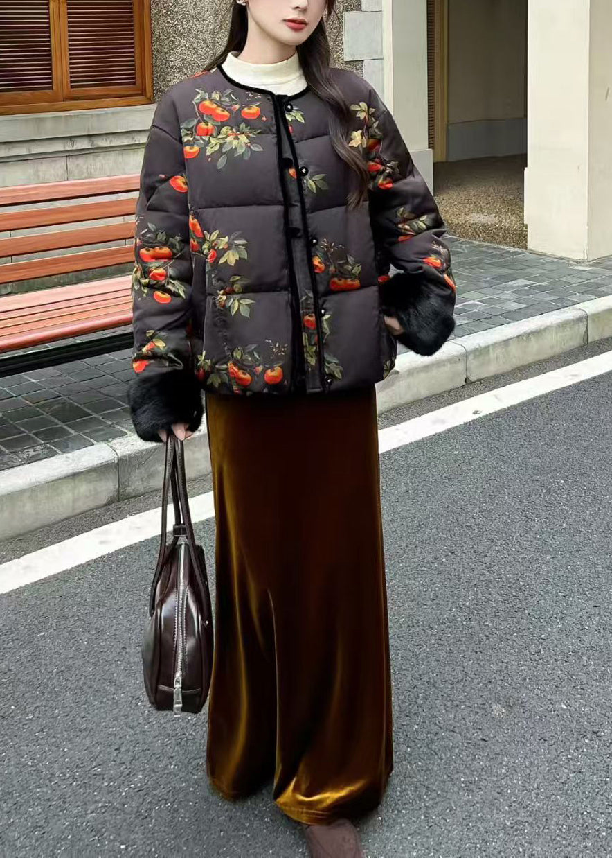 Stylish Black Print Patchwork Mink Hair Duck Down Jacket Winter