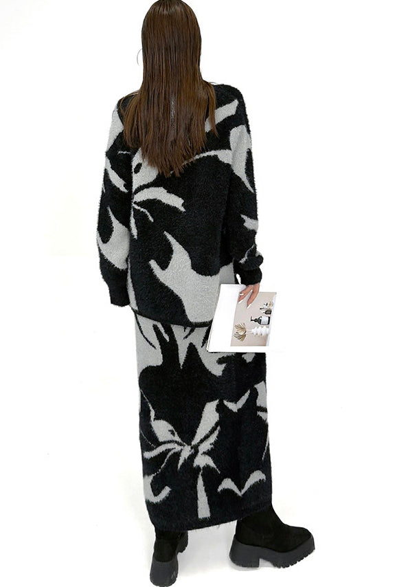 Stylish Black Print Warm Knit Two Pieces Set Winter