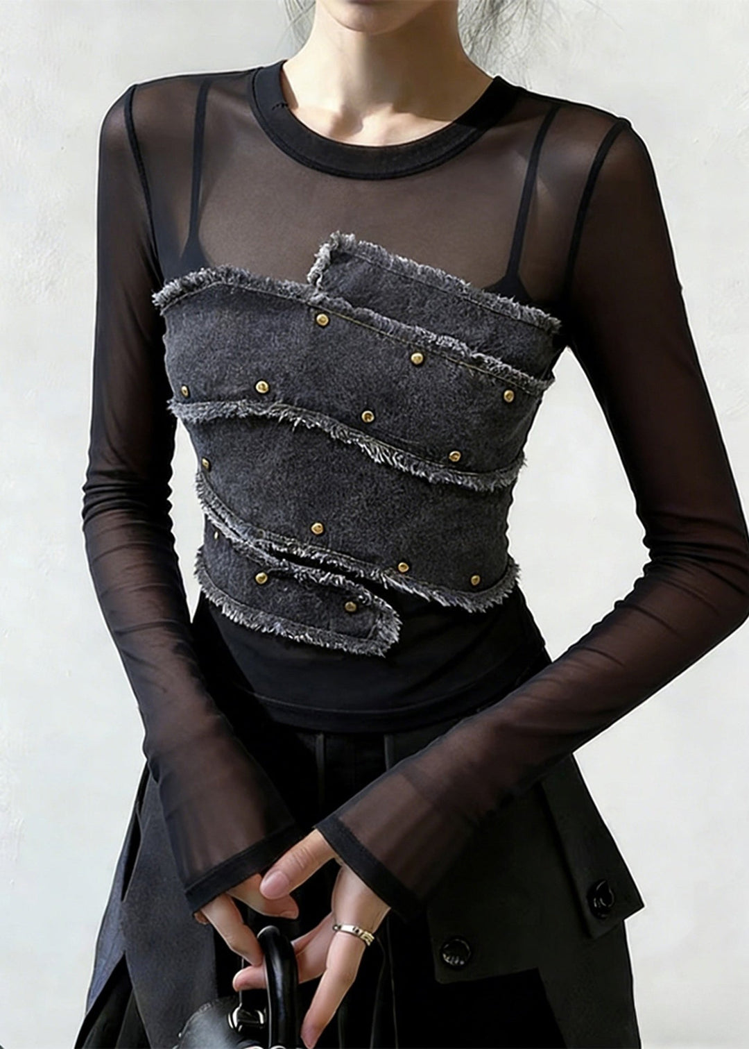 Stylish Black Rivet Denim Patchwork Tulle Shirt Spring