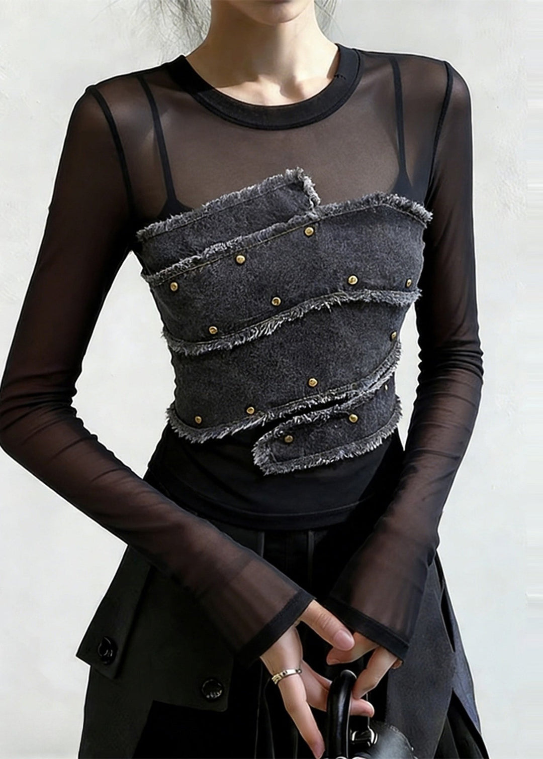 Stylish Black Rivet Denim Patchwork Tulle Shirt Spring