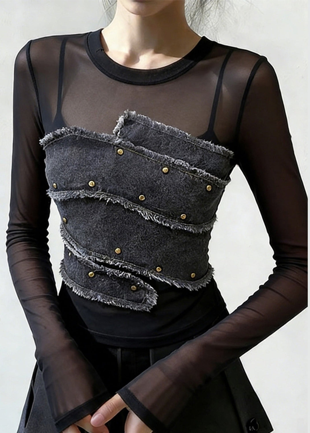 Stylish Black Rivet Denim Patchwork Tulle Shirt Spring