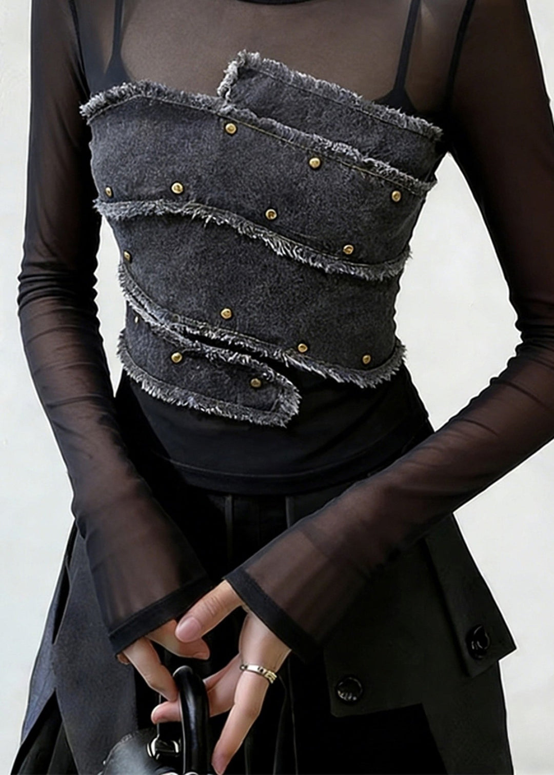 Stylish Black Rivet Denim Patchwork Tulle Shirt Spring