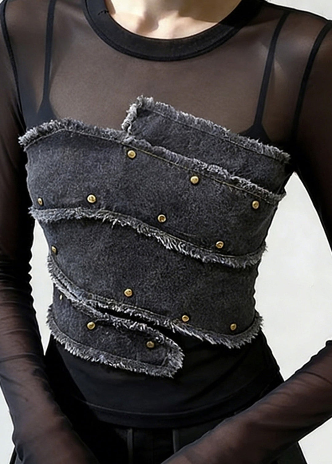Stylish Black Rivet Denim Patchwork Tulle Shirt Spring