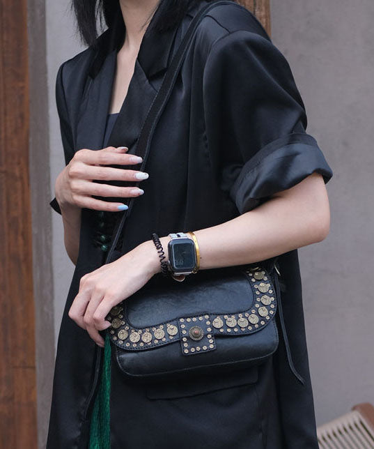 Stylish Black Rivet Durable Leather Versatile Hobo Bag