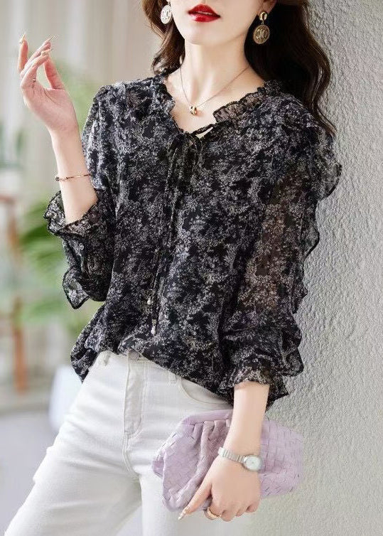 Stylish Black Ruffled Lace Up Chiffon Shirts Spring