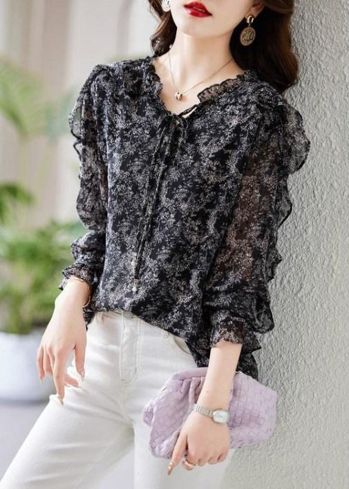 Stylish Black Ruffled Lace Up Chiffon Shirts Spring