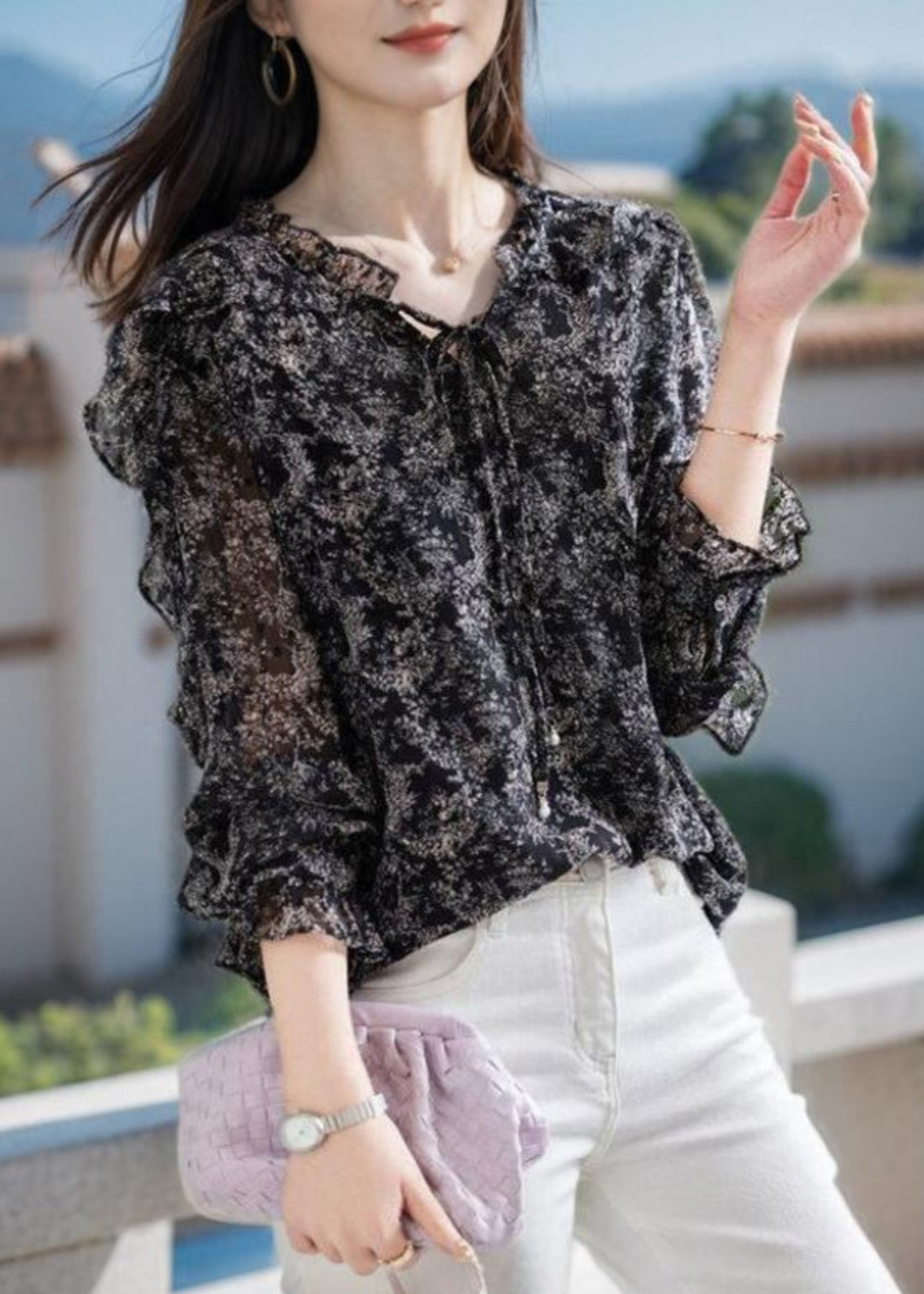 Stylish Black Ruffled Lace Up Chiffon Shirts Spring