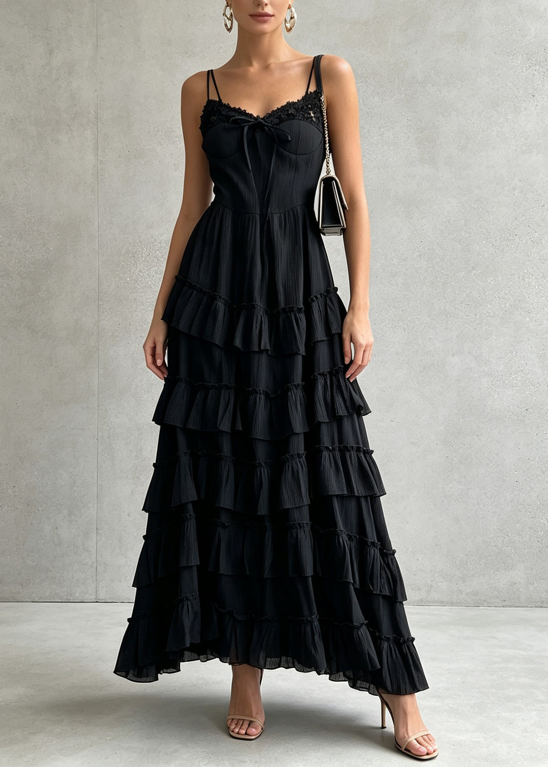 Stylish Black Ruffled Patchwork Cotton Spaghetti Strap Dress Summer