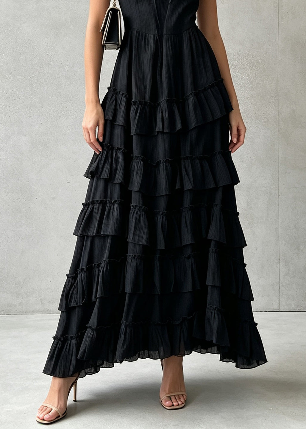 Stylish Black Ruffled Patchwork Cotton Spaghetti Strap Dress Summer