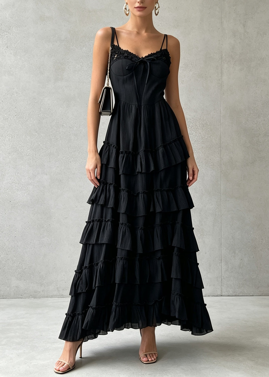 Stylish Black Ruffled Patchwork Cotton Spaghetti Strap Dress Summer
