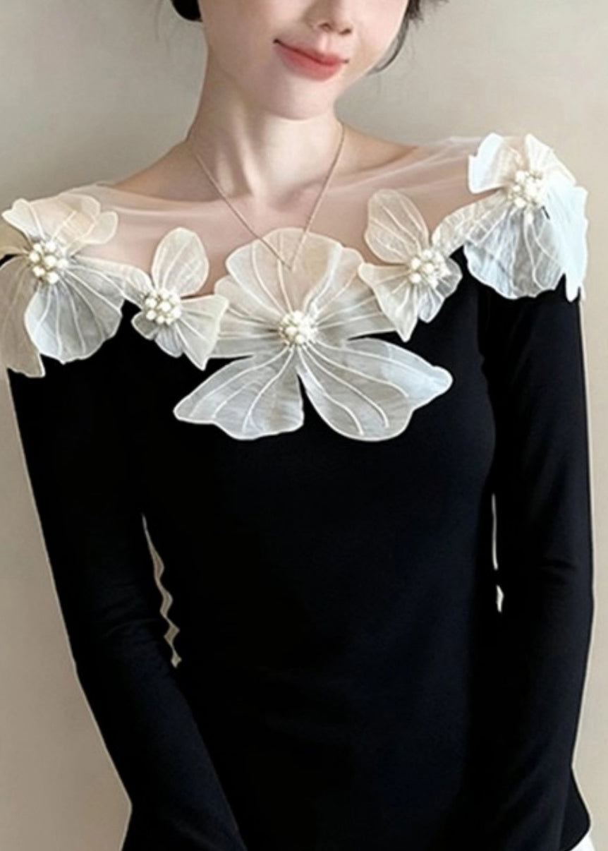 Stylish Black Slash Neck Floral Nail Bead Knit Tops Spring