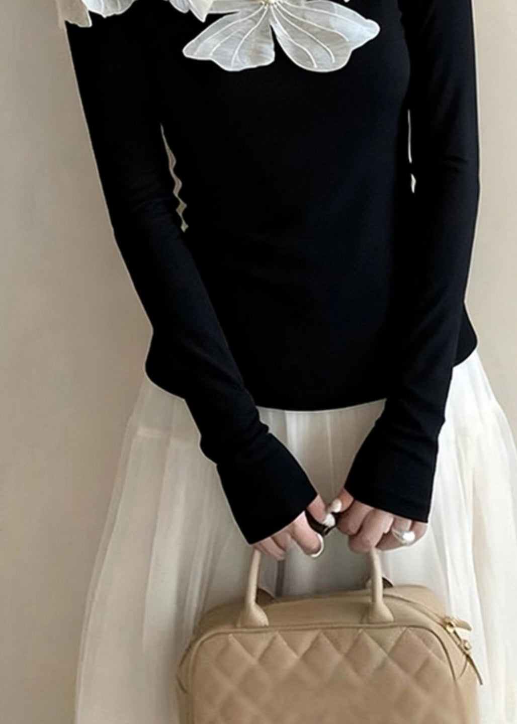 Stylish Black Slash Neck Floral Nail Bead Knit Tops Spring