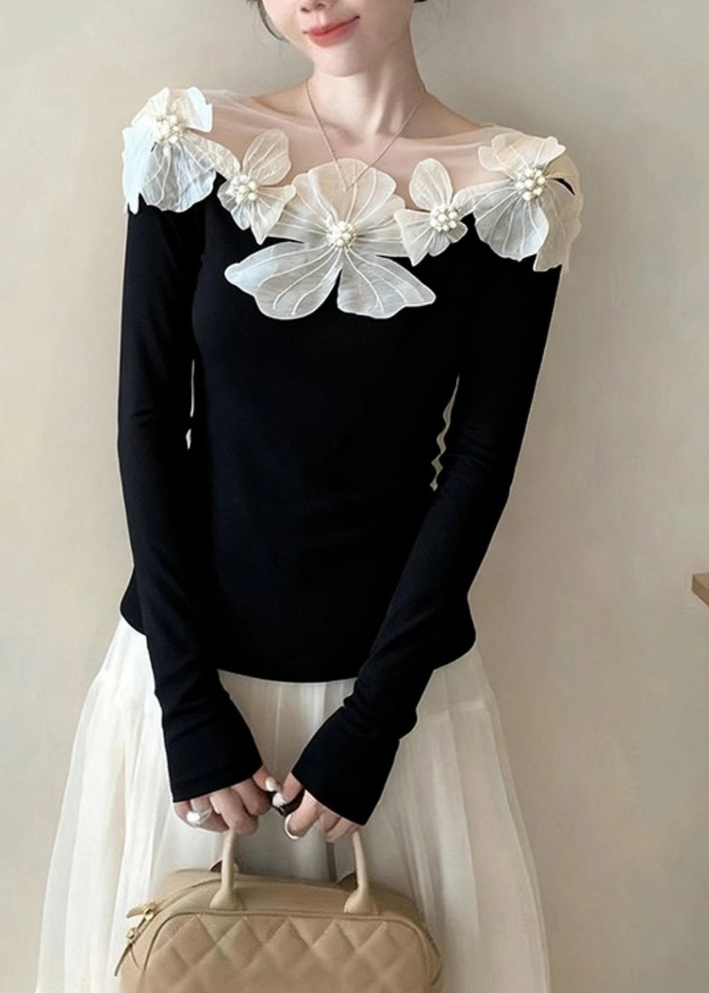 Stylish Black Slash Neck Floral Nail Bead Knit Tops Spring