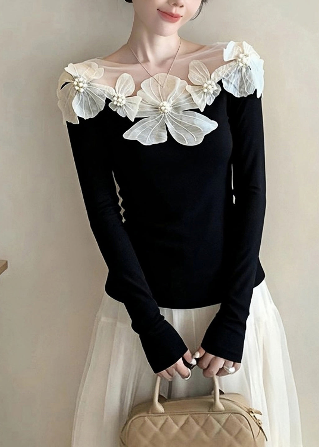 Stylish Black Slash Neck Floral Nail Bead Knit Tops Spring