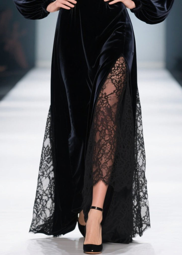 Stylish Black Square Collar Lace Patchwork Silk Velvet Dresses Spring