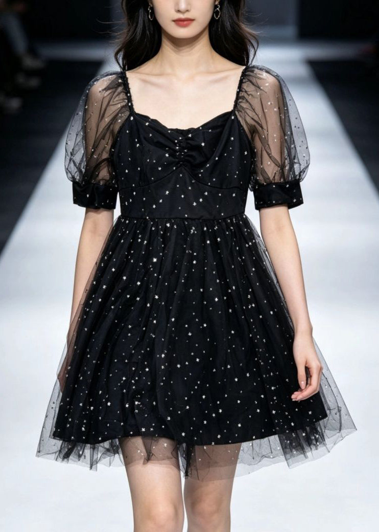 Stylish Black Square Collar Patchwork Tulle Mid Dress Short Sleeve