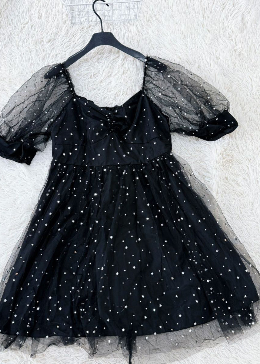 Stylish Black Square Collar Patchwork Tulle Mid Dress Short Sleeve