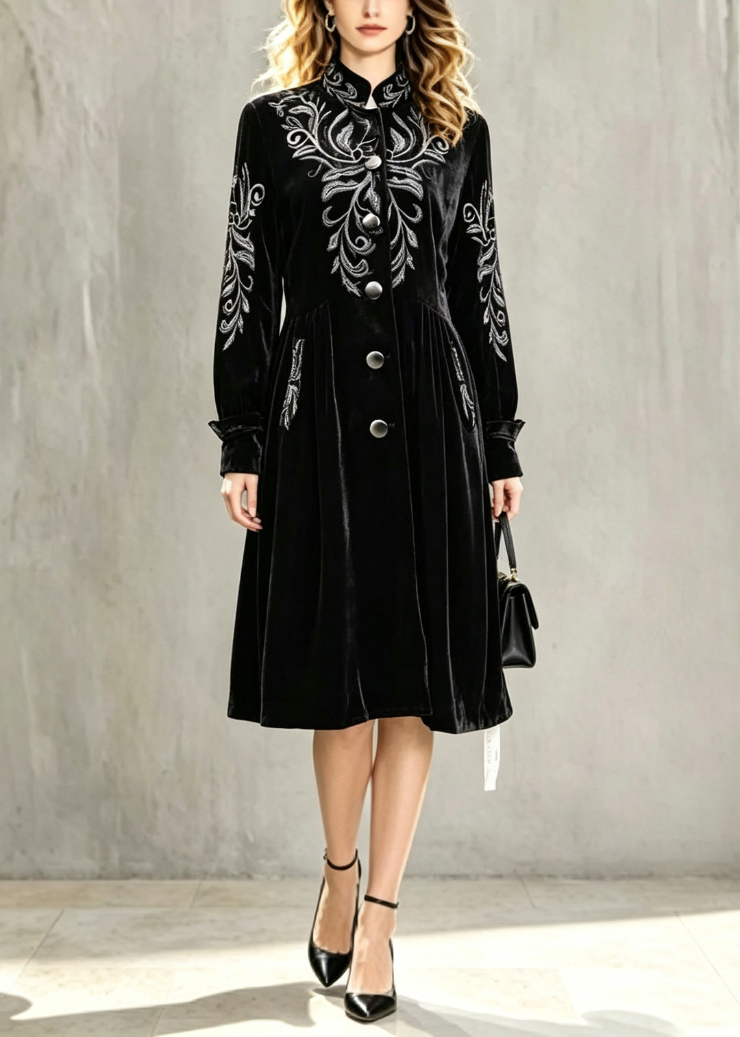 Stylish Black Stand Collar Patchwork Silk Velvet Long Trench Coat Lantern Sleeve