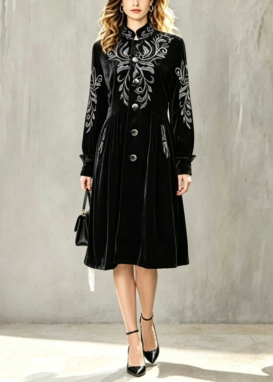 Stylish Black Stand Collar Patchwork Silk Velvet Long Trench Coat Lantern Sleeve