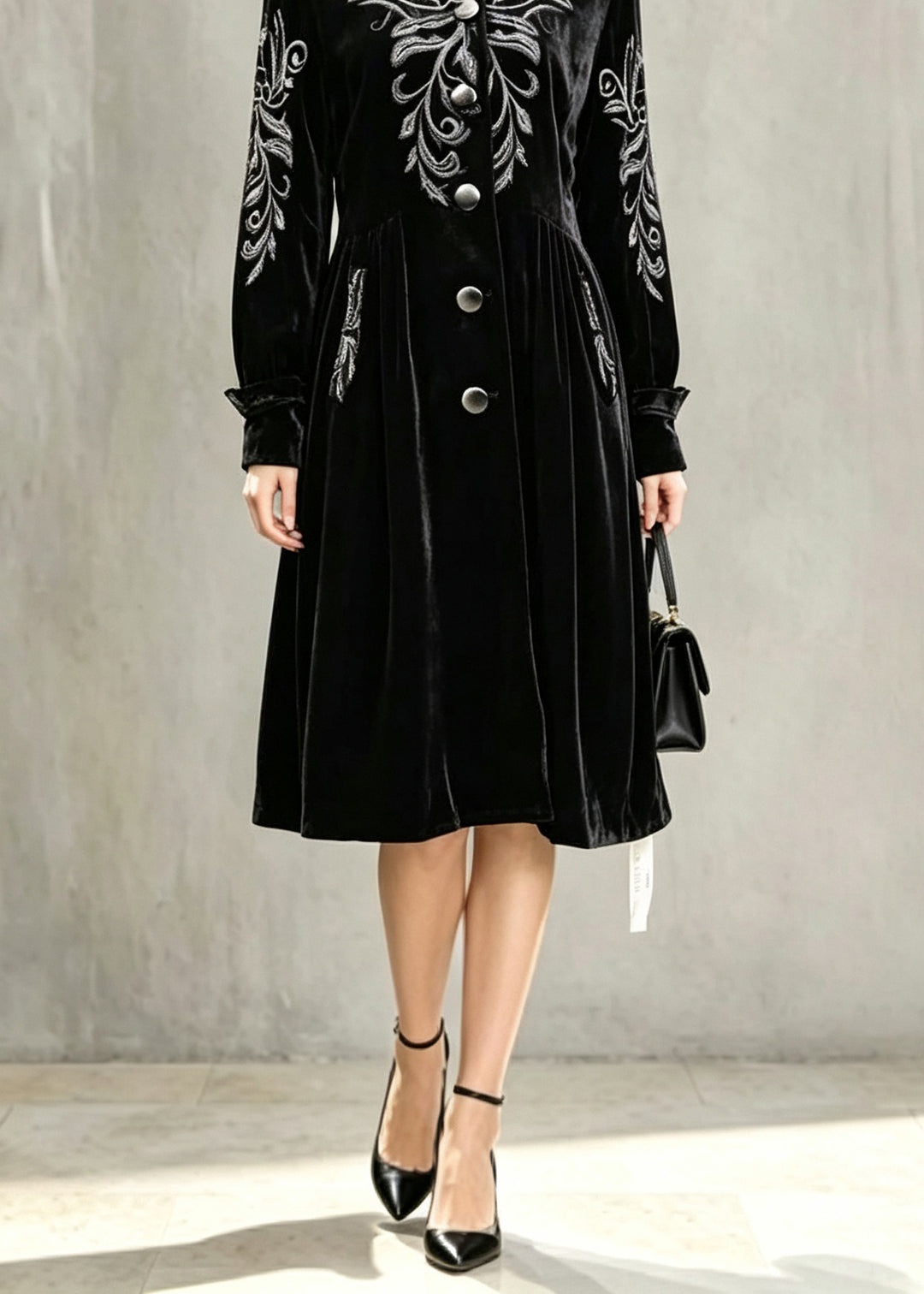 Stylish Black Stand Collar Patchwork Silk Velvet Long Trench Coat Lantern Sleeve