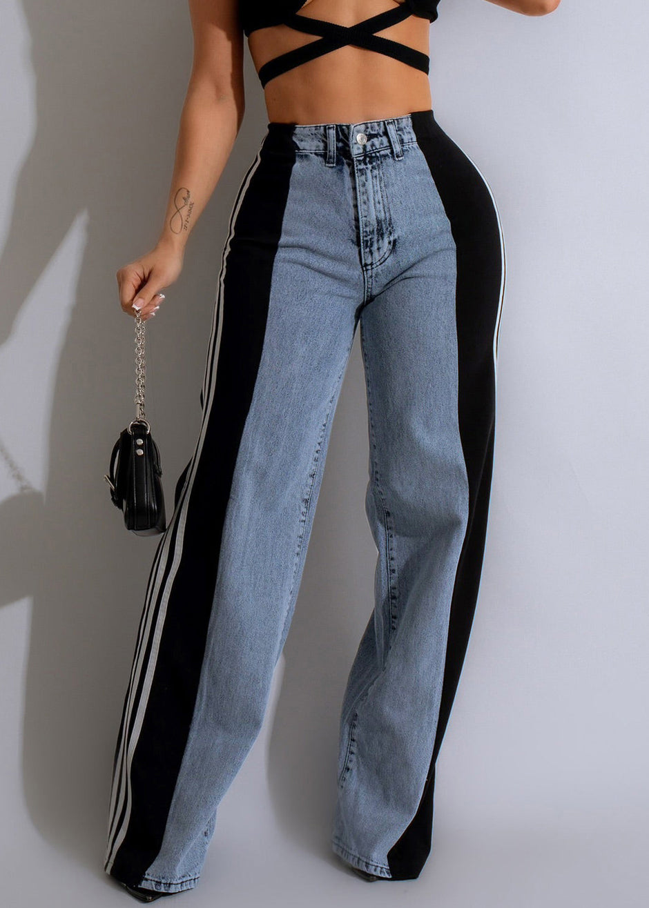 Stylish Black Striped Patchwork Denim Pants Spring