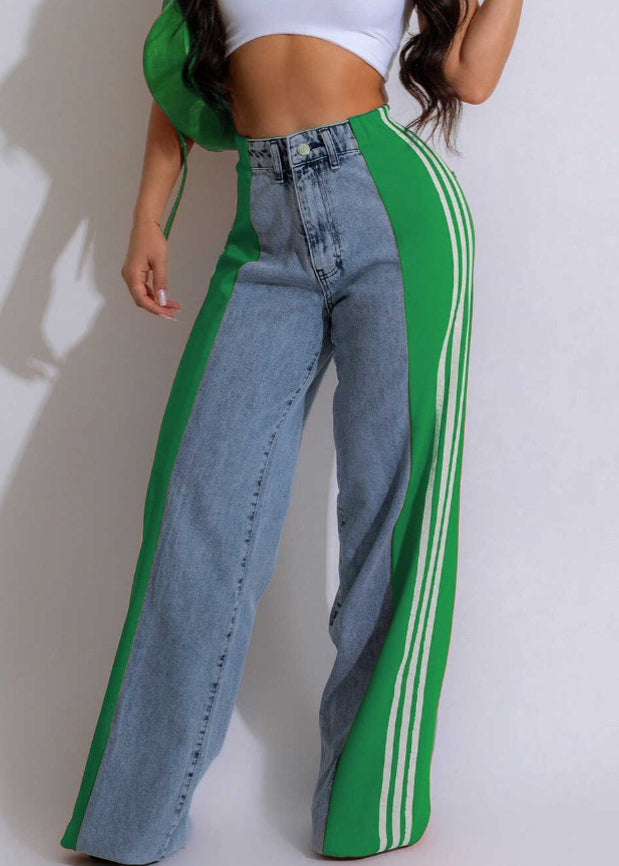 Stylish Black Striped Patchwork Denim Pants Spring
