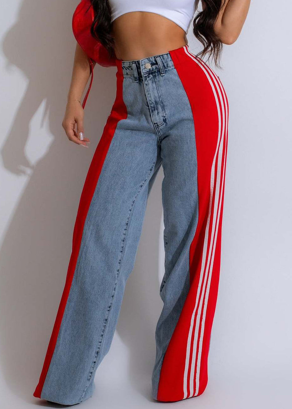 Stylish Black Striped Patchwork Denim Pants Spring